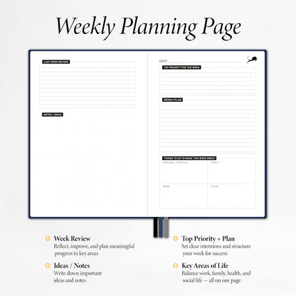 Undated Day Planner & Calendar – 6-Month Life Organizer for Productivity, Time-Management & Focus | 24-Hour Hourly Agenda for Men & Women, Vegan Leather Hardcover (Blue)