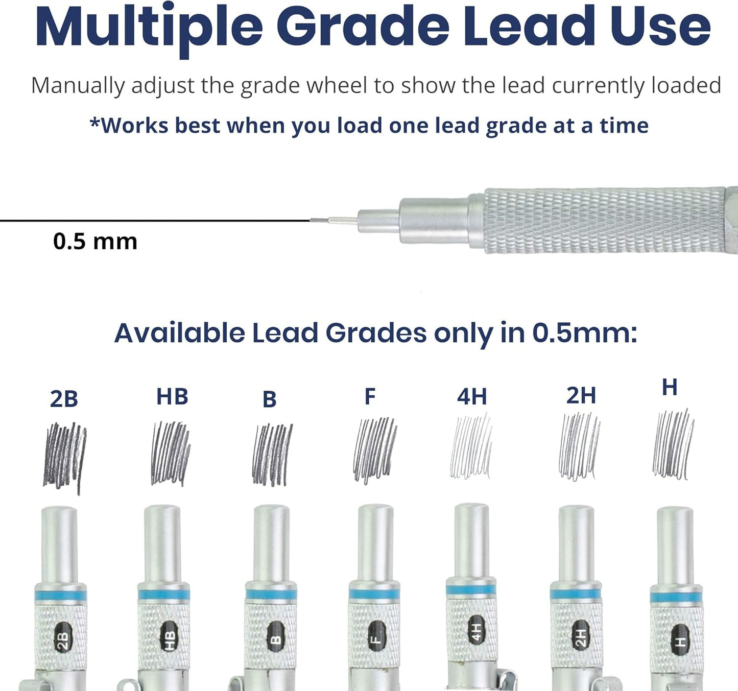 Pacific Arc Chromagraph Metal Mechanical Pencil .5 mm Silver Barrel Mechanical Pencil with Built In Lead Pencil Grade Indicator, Lead Pencil Holder for Drafting, Sketching, and Drawing