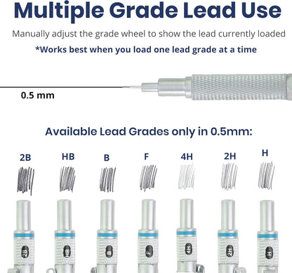 Pacific Arc Chromagraph Metal Mechanical Pencil .5 mm Silver Barrel Mechanical Pencil with Built In Lead Pencil Grade Indicator, Lead Pencil Holder for Drafting, Sketching, and Drawing
