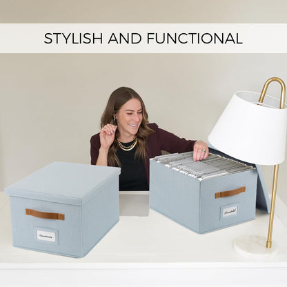 ZICOTO Decorative File Organizer Box Set of 2 - Collapsible Linen Filing Cabinets w/Handles Are Perfect to Store all Your Documents & Hanging File Folders - Portable Easy Slide Crates with Lid