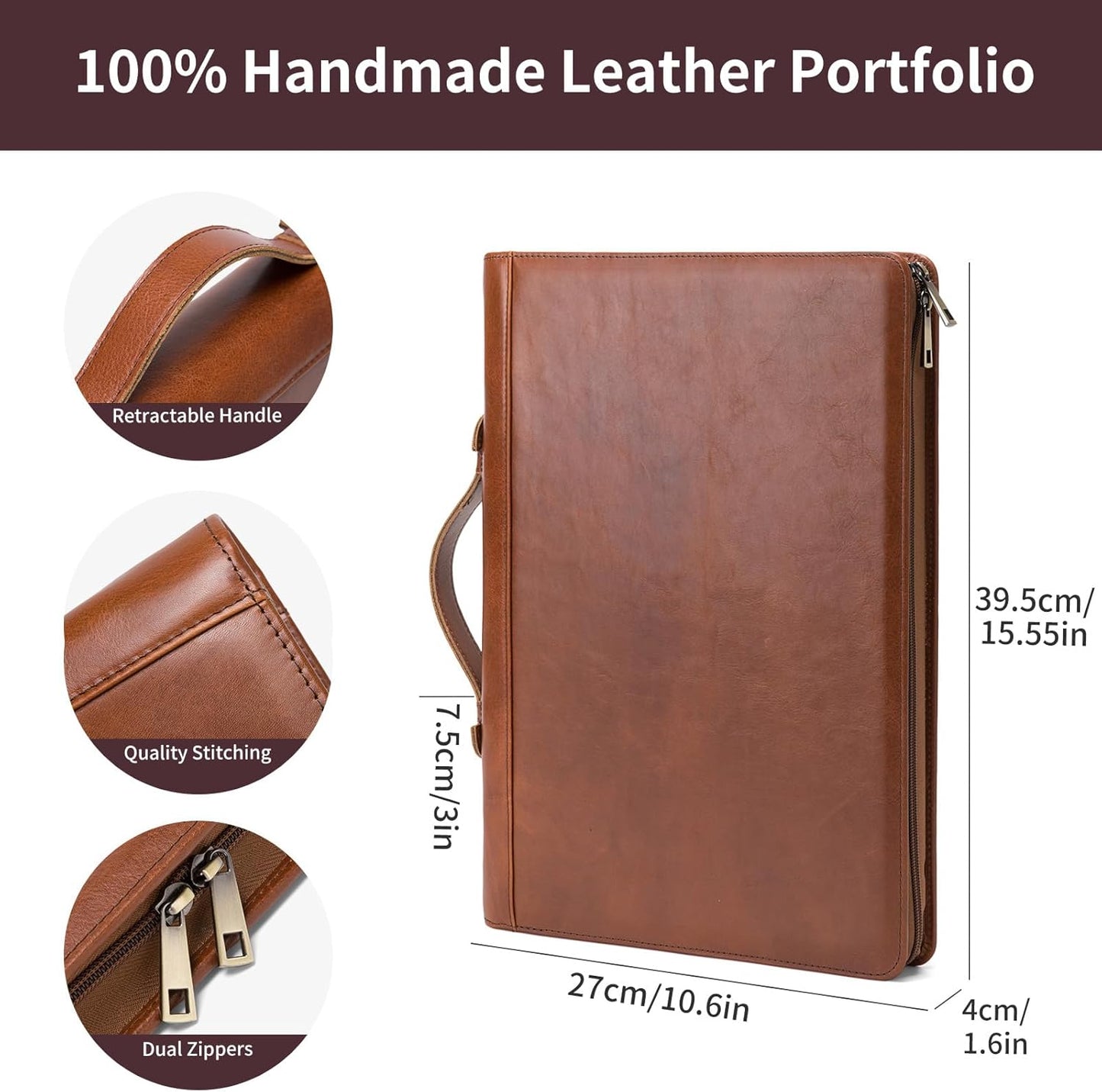 Personalized Genuine Leather 3 Ring Binder Portfolio, Custom Engraved 8.5 x 14 Legal Size Pad Padfolio, Hidden Handle, 15” Laptop Organizer, Zip Professional Business Folio, Brown, Oil Tanned