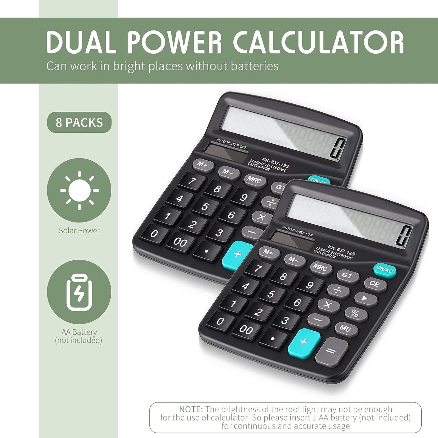 Konohan 8 Pieces 12-Digit Calculator, Solar Basic Desktop Calculator Large Display Electronic Dual Power Handheld for Home Office School(Black)