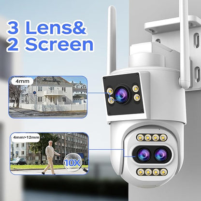 JOOAN Outdoor Security Camera 2Kx3 3Lens 2 Screen【10X Optical Zoom & Auto Tracking】 Home Surveillance IP Cam 360°PTZ 2.4G WiFi Wired IP66 Waterproof Motion Alert,8-256G Card/Cloud Storage,Siren Alarm