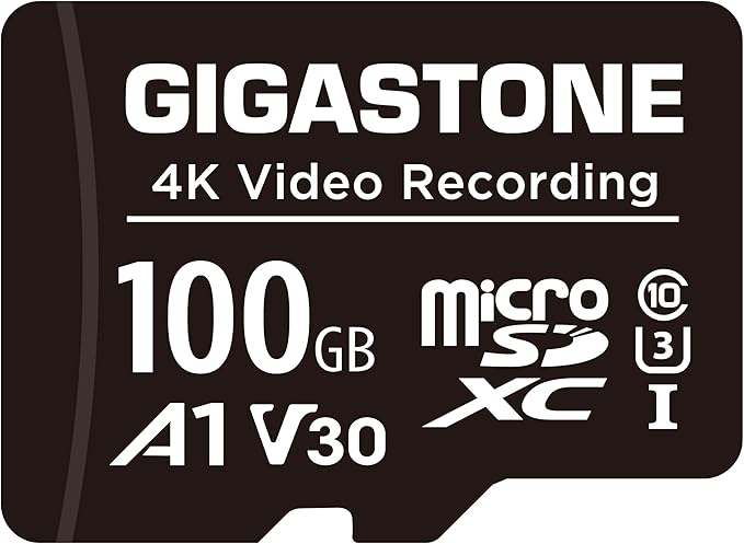 GIGASTONE 100GB Micro SD Card, A1 V30 4K Video Recording, Compatible with Security Camera, Dash Cam, Drone, 100MB/s MicroSDXC Memory Card UHS-I, with Adapter