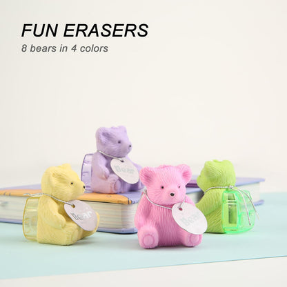 8Pcs Cute Backpack Bear Erasers Desk Pets for Kids, Kawaii Fun Animal Erasers with Pencil Sharpener for School Classroom Supplies Prize Gifts Party Favors