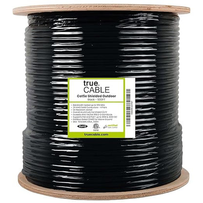 trueCABLE Cat5e Outdoor, Shielded F/UTP, 500ft, UV Resistant, CMX Rated, Black, 24AWG Solid Bare Copper, 350MHz, PoE++ (4PPoE), ETL Listed, Bulk Ethernet Cable