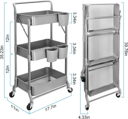 Foldable 3 Tier Metal Utility Rolling Cart, Folding Mobile Multi-Function Storage Trolley Organizer Cart for Home Library Office(Grey)