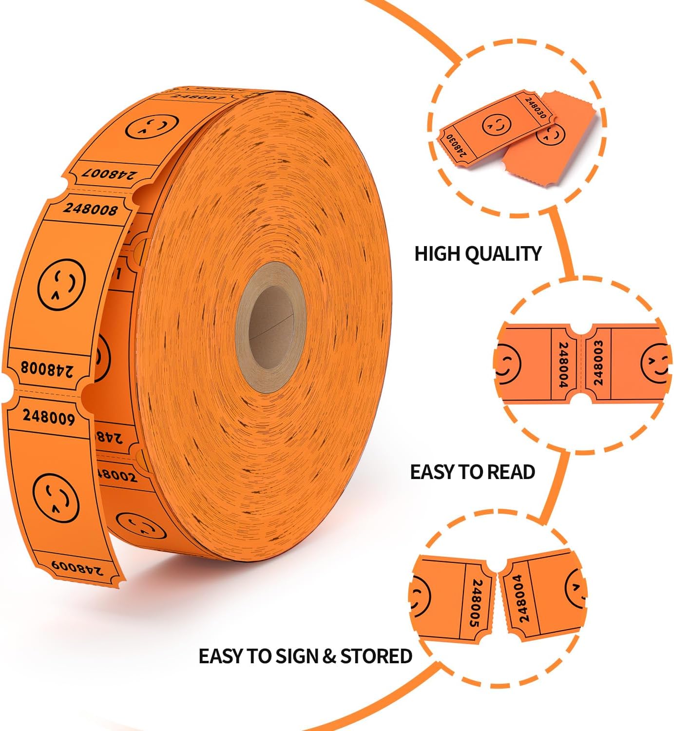 Methdic 1000 Smile Raffle Tickets Orange, Single Roll, Ticket for Events, Entry, Class Reward, Fundraiser & Prizes
