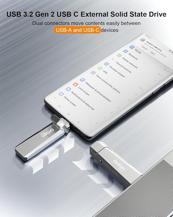 256G External Portable SSD USB Solid State Drive, Up to 1000MB/s 3.2 Gen 2 Solid State, Type C + USB A Dual Drive for iPhone15,16/ipad/Mac/Android/Windows Laptops, Silver