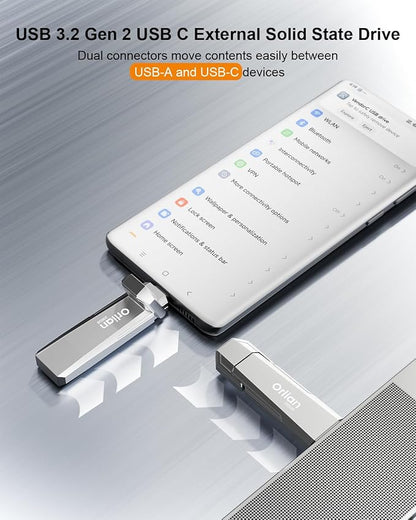 256G External Portable SSD USB Solid State Drive, Up to 1000MB/s 3.2 Gen 2 Solid State, Type C + USB A Dual Drive for iPhone15,16/ipad/Mac/Android/Windows Laptops, Silver