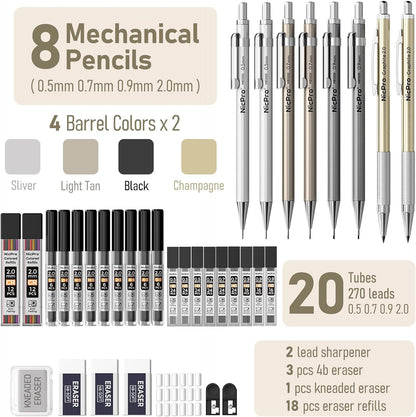 Nicpro 37PCS Art Mechanical Pencil Set, Metal Drafting Pencils 0.5 mm, 0.7 mm, 0.9 mm & 2mm Lead Pencil Holder (6B 4B 2B HB 2H 4H Colors) For Sketching Drawing With 20 Tube Lead Refills Eraser Case
