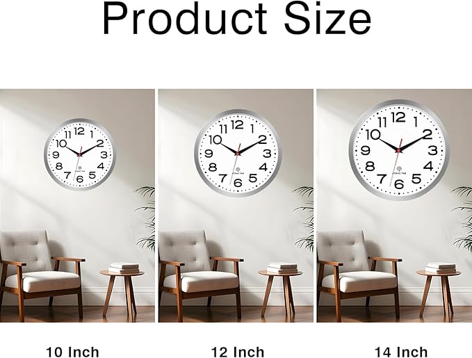 Atomic Wall Clock 12 Inch, Modern Clock Battery Operated Classic Analog Decorative for Kitchen, Living Room, Office, Bedroom, Bathroom (Silver)