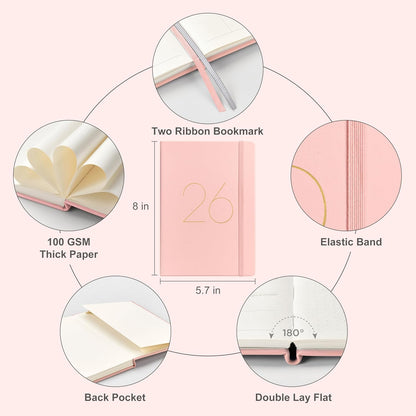 And Per Se 2026 Planner-Daily, Weekly & 15-Monthly Leather Hardcover Planner, 5.7" x 8", Daily Schedule, Monthly Tabs, 100 GSM Thick Paper, Back Pocket(Pink)