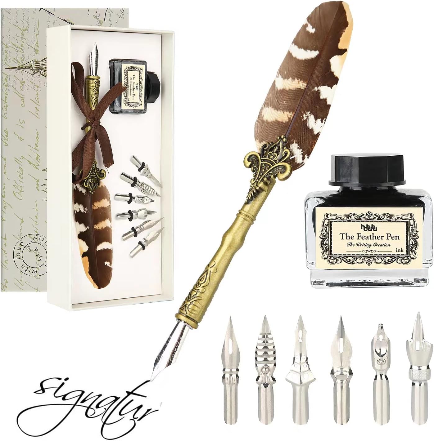 Quill Pen and Ink Set Feather Pen with Ink and 6pcs Nibs Calligraphy Pens for Beginners for Lettering,Drawing, Journaling, Signing, Invitation HO-Q-300