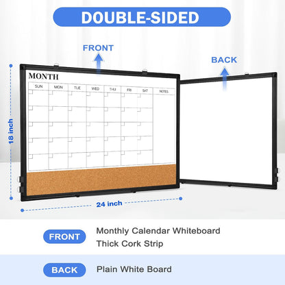 Monthly Calendar Whiteboard Dry Erase Cork Board Combo, 24" x 18" Magnetic Double-Sided Calendar White Board and Bulletin Board with Black Aluminium Frame, Portable Whiteboard for Office, Home, School