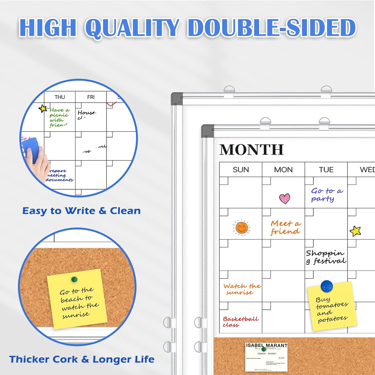 Monthly Calendar Whiteboard Dry Erase Cork Board Combo for Wall, 36" x 24" Magnetic Double-Sided Calendar White Board and Bulletin Board, Portable Board for Office, Kitchen, School, Home