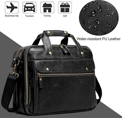 Leather Briefcases for Men 15.6 Inch Laptop Messenger Bag with Triple Compartments Water-Resistant Computer Shoulder Bag for Business, Travel, Work, Office, Black