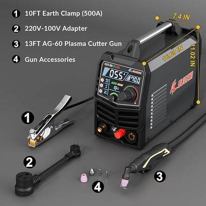 GZ GUOZHI Plasma Cutter 55Amp High Frequency Non-Touch Arc Digital Screen Display DC Inverter 110/220V Dual Voltage Blowback Plasma Cutting Machine CUT-55HFLED