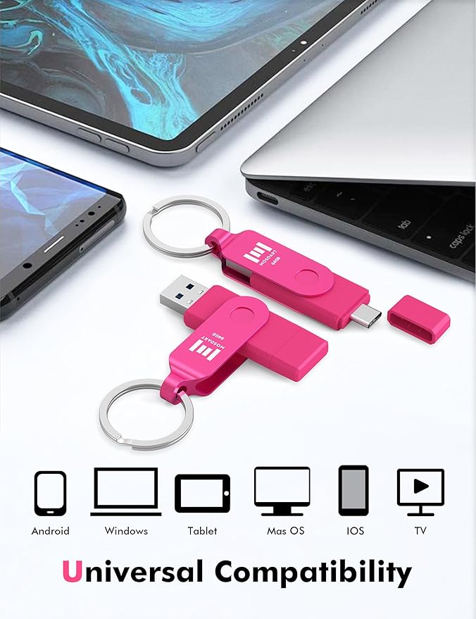 MOSDART 64GB USB3.1 Fast Speed C and A Dual Flash Drive, exFAT Memory Stick with Keychain and LED Indicator, for iPhone 15,16,17, Android Phone, iPad, MacBook, and Other Laptops, Hot Pink
