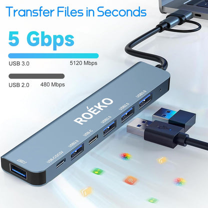 USB Hub 3.0,USB C hub,USB hub with USB C Multiport Adapter, USB Splitter with 1xUSB 3.0,4xUSB2.0,2 x USB C,USB c hub for MacBook Pro/PC/Laptop/Tablet Devices (Grey 7in1)