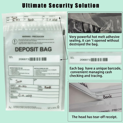 Plastic Deposit Bags 200-Pack 9''x12'', Clear Security Bank Deposits,Cash register,Money bag for Cash,Bank Pocket,Tamper-Evident,Unique Barcode
