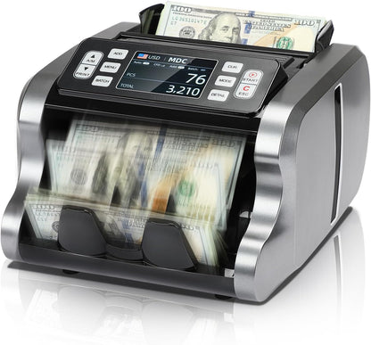 MUNBYN IMC09 Mixed Denomination Money Counter Machine, Value Counting, UV/MG/IR/MT Bill Counter, 3.5" TFT Display Money Counting Machine Printer Enabled, USD, EUR, MXN Cash Counter for Business(Black)