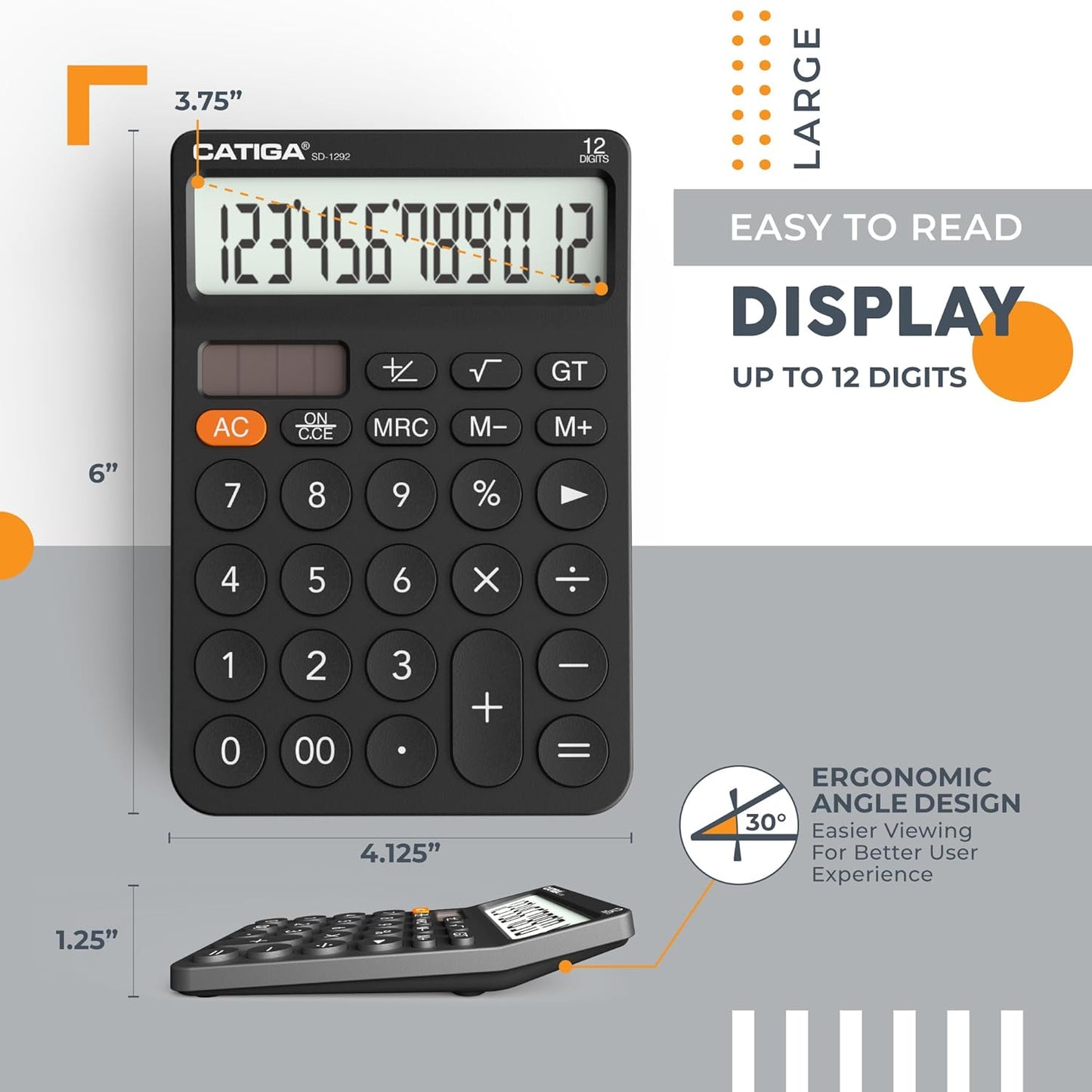 CATIGA 12 Digit Desktop Calculator with Large LCD Display, 4 Funtions Calculator, Round Design Big Button, Solar and Battery Dual Power, Standard Function for Office, Home, School, SD-1292