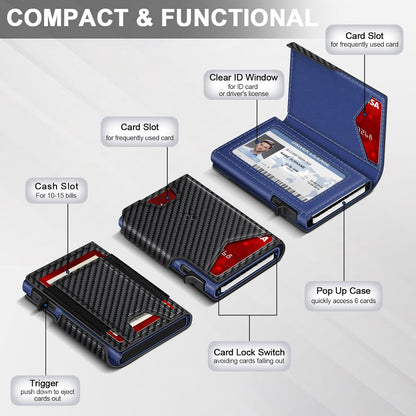 Wallet for Men Wallet with Slim Pop Up Card Holder 9-13 Cards, Bifold Minimalist Smart Wallet RFID Blocking Credit Card Holder with ID Window & Stretchable Cash Slot Compact Metal Aluminum Card Case