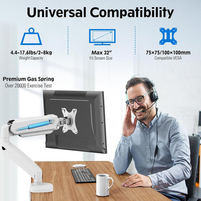 MOUNTUP Single Monitor Desk Mount, Adjustable Gas Spring Monitor Arm Support Max 32 Inch Screen, Computer Monitors Stand with Clamp/Grommet Mounting Base, VESA Mounts Fit 4.4-17.6lbs Computer, White