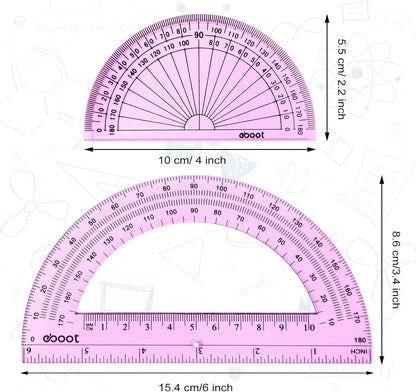 EBOOT 2 Pcs Plastic Protractor Clear 180 Degrees Transparent Protractor for Geometry, 4 Inch and 6 Inch(Pink)