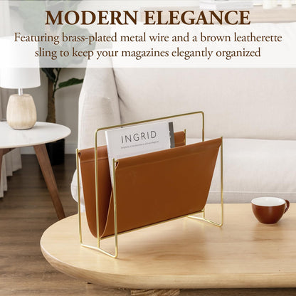 MyGift 15-Inch Modern Brown Leatherette & Brass Plated Metal Magazine Holder – Floor Standing Faux Leather Sling Style Newspaper Rack for Home, Bathroom, Office Decor