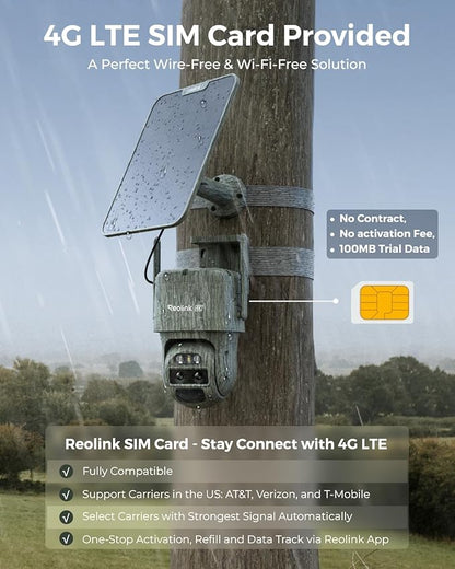 REOLINK 4K Dual Lens 4G LTE Cellular Security Camera, SIM Card Included, Wireless Auto Tracking Trail Camera, 6X Hybrid Zoom, No-Glow IR, Waterproof for Wildlife, TrackMix LTE Trail + Solar Panel 2