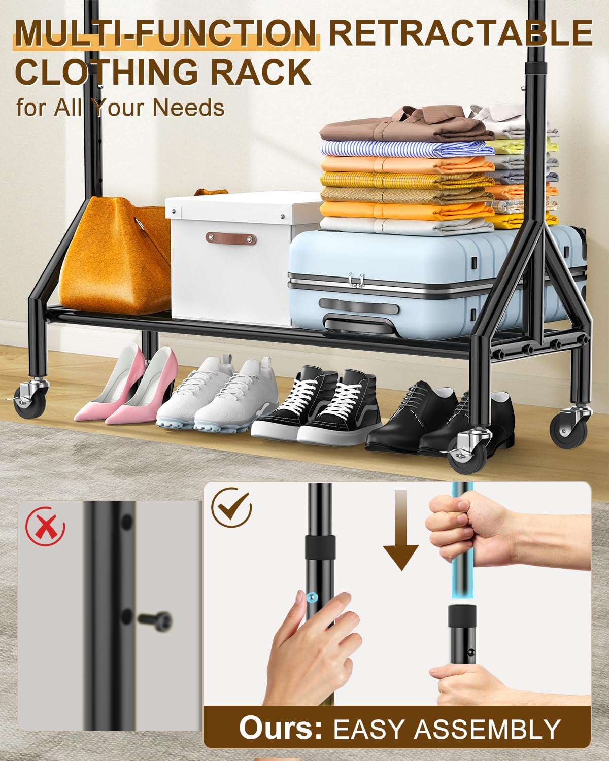 Heavy Duty Clothes Rack Load 520LBS, Adjustable Rolling Clothing Rack with Sturdy Wheel, Metal Industrial Closet Garment Racks for Hanging Clothes Coat, Portable for Bedroom, Laundry Living Room