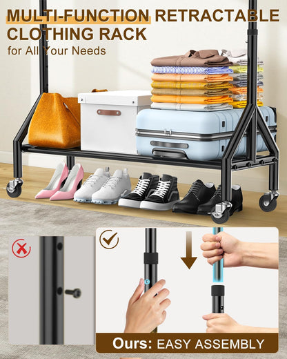 Heavy Duty Clothes Rack Load 520LBS, Adjustable Rolling Clothing Rack with Sturdy Wheel, Metal Industrial Closet Garment Racks for Hanging Clothes Coat, Portable for Bedroom, Laundry Living Room