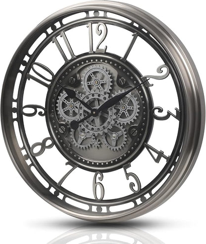 CLXEAST 28 Inch Large Industrial Moving Gear Wall Clock for Living Room Decor, Modern Farmhouse Decorative Clock for Dinning Room,Gunmetal Silver,House Warming Gifts New Home