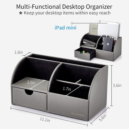 Vlando Desk Organizer with Drawer, Back to School Supplies - 5 Compartment Desktop Storage Holder with Organizer Section for Desk Accessories (Gray)