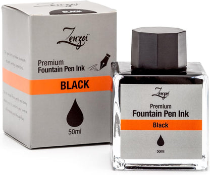 ZenZoi Fountain Pen Ink Bottle 50ml | Premium Designed Bottled Ink for Fountain Pens – Suitable for Calligraphy and All Branded Pens | Quick Drying and Smooth Flow Writing Experience (Black)