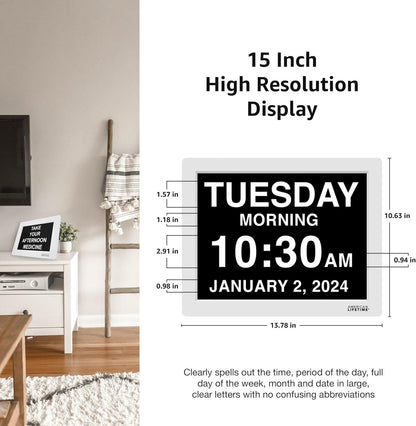American Lifetime 【New 2025 Dementia Clock Large Digital Clock for Seniors, Alzeimer Clock Large Display with Custom Alarms, Clock with Day & Date for Elderly, Digital Calendar Black, 15 Inch