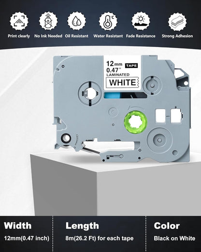 12mm 0.47 Laminated Replacement for Brother Label Maker Tape, P-Touch Label Tape, Tze 231, Compatible with Brother P Touch Label Maker PT-D210 PT-H110 PT-D220 PT-D400, 6-Pack