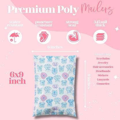 6x9 Designer Poly Mailer 100 Pack Heavy Duty Waterproof Self Seal Shipping Bags for Small Business Large Mailing Envelopes Bulk Tear Resistant Packaging Pretty Pups Puppy Dogs