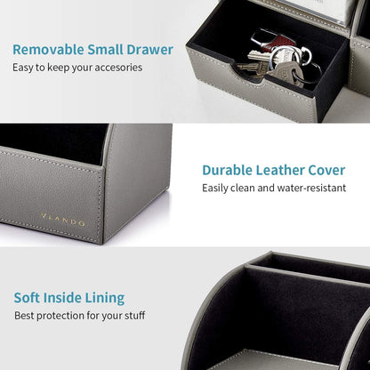 Vlando Office Desk Organizer Leather Desktop Organizer Caddy with Drawer for Storing Desktop Supplies and Accessories (Grey)