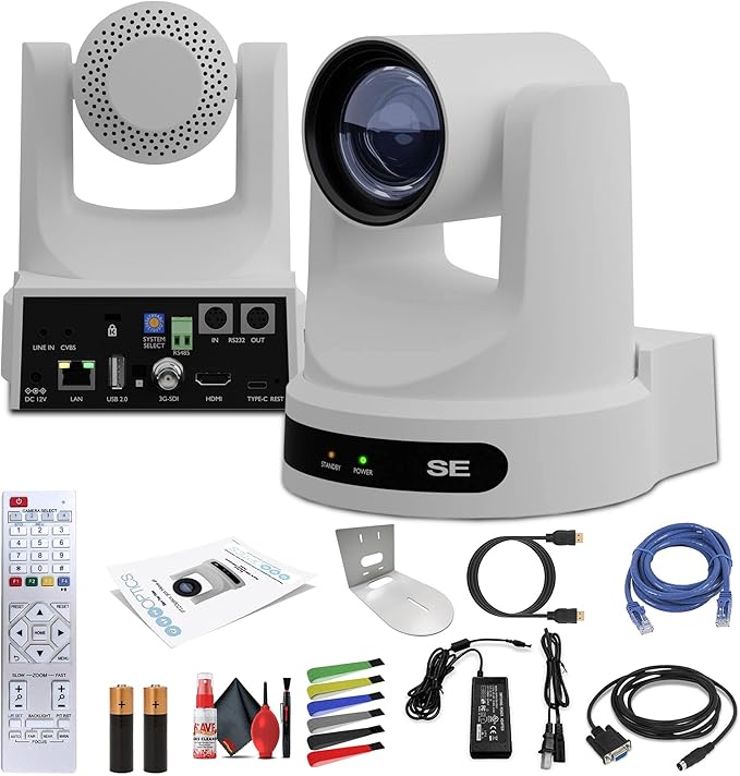 PTZOptics Move SE SDI/HDMI/USB/IP PTZ Camera with 30x Optical Zoom (White) (PT30X-SE-WH-G3) + Universal Wall Mount (White) + Lens Cleaning Kit + HDMI Cable + Ethernet Cable + Color Wire Ties