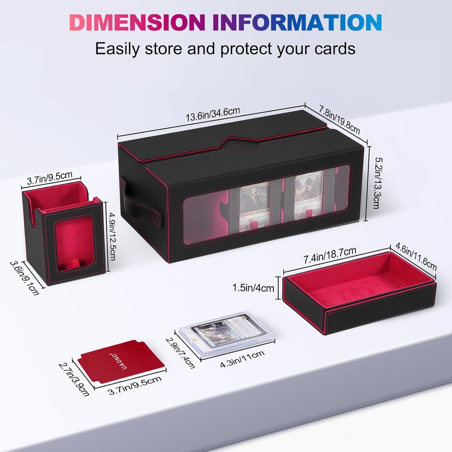 Commander Deck Box for MTG, 6-Deck Modular Card Case with Dice Tray Holds 600+ Double-sleeved Cards, Removable Trading Cards Storage Box with 35PT Magnetic Card Holders for TCG, Black Red