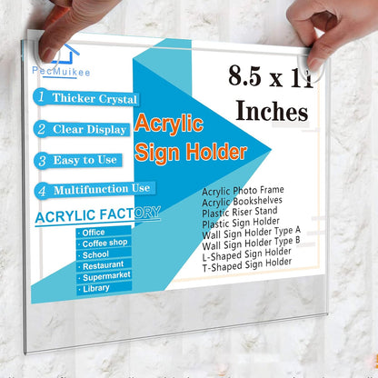PecMuikee Acrylic Sign Holder 8.5x11 Horizontal, Wall Mount Acrylic Sign Holder and Plastic Paper Display Ad Frame bonus with 3M Tape and Mounting Screws for Restaurants, Office, Store, 12 Pcs
