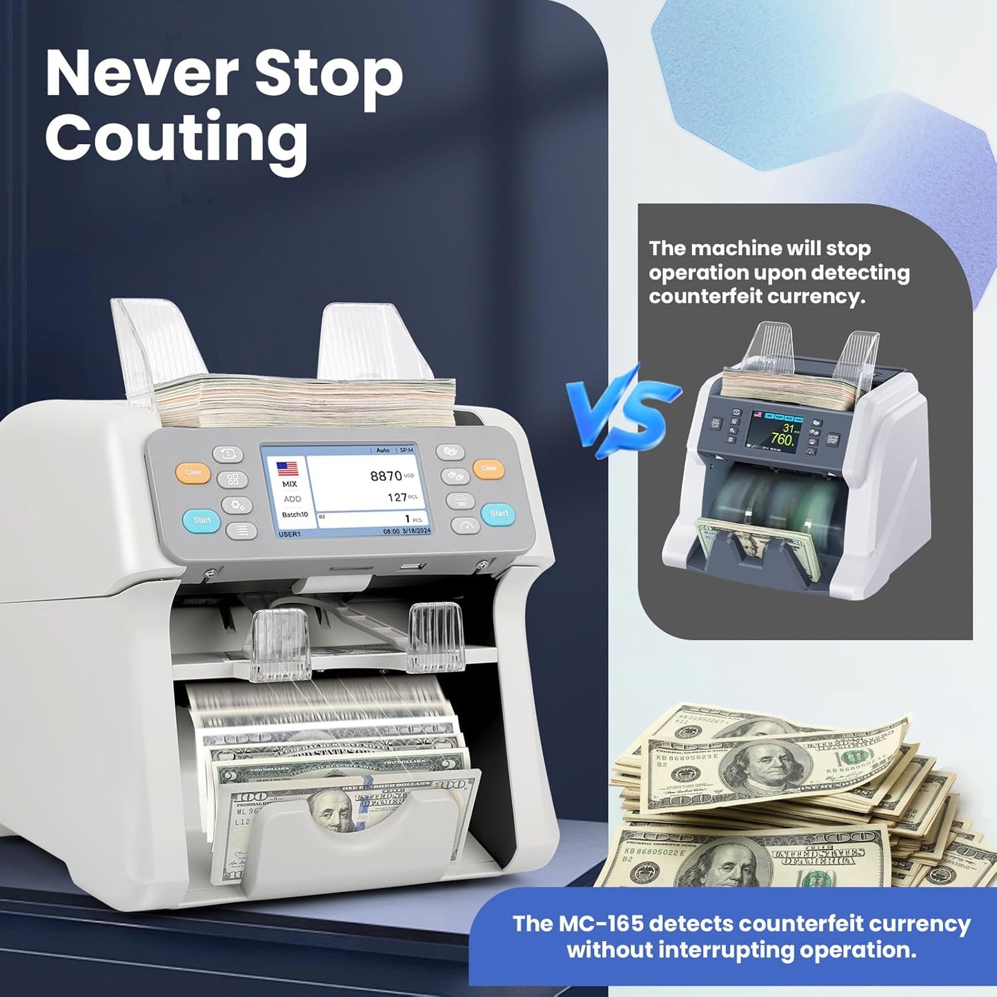 RIBAO MC-165 Two-Pocket Mixed Denomination Money Counter Machine, Value Counting, White Bill Counter Multi Currency, CIS/UV/MG/IR Counterfeit Detection for Business