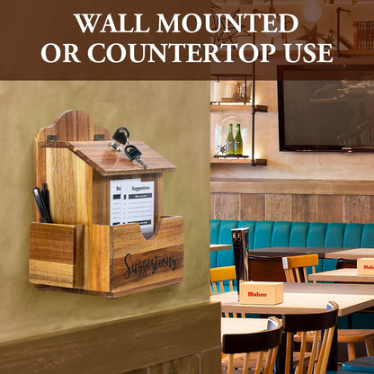 MyGift Premium Solid Acacia Wood Suggestion Box, Wall Mountable Feedback Collector with Black Cursive "Suggestions" Lettering, Comment Card Slot, Pen Holder, Top Lock and Keys