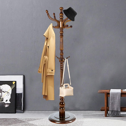 Coat Racks FreeStanding with 11 Hooks, Natural Wood Coat Rack with Solid Round Base, Adjustable Height Coat Racks, Easy Assembly for Hallway, Bedroom and Office (Walnut-Solid Round Base)