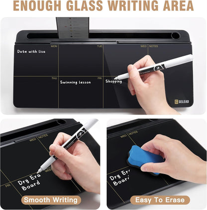 SELEAD Desktop Glass Whiteboard Weekly Planner Calendar with Organizer, Markers, Eraser, Holder - Small Dry Erase White Board TODO List Memo for Home, School, Office Desk Accessories - Black