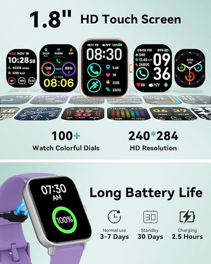 Smart Watches for Women/Men, Smart Watch for Android Phones and iPhone Compatible, Alexa Built-in, 1.8" Fitness Watches for Women, IP68 Waterproof /Bluetooth Call, Heart Rate/Sleep Monitor, Purple
