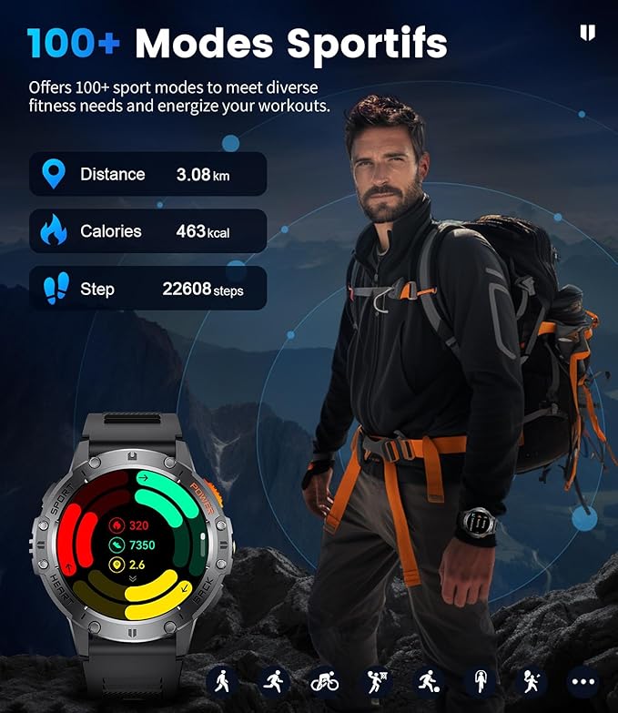 Military Smart Watches for Men(Answer/Make Calls) with LED Flashlight,530mAh Large Battery,1.43" AMOLED Outdoor Sports Smartwatch with 170+ Sport Modes,5ATM Waterproof Fitness Tracker for iOS Android